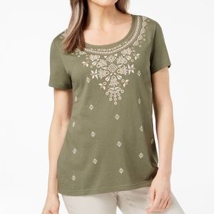 NWT XXL Karen Scott Olive Sprig Puff Print Short Sleeve Knit Top